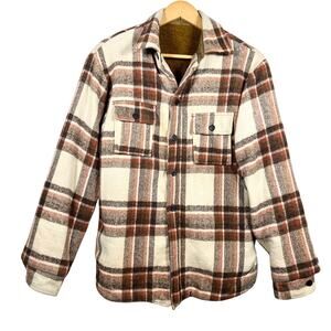 Vintage 60's Brown Plaid Blanket Lined Flannel Button Shirt Large 20x28